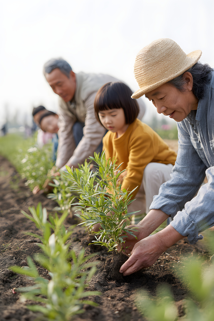 一家人农场种树植树亲子互动幸福全家福