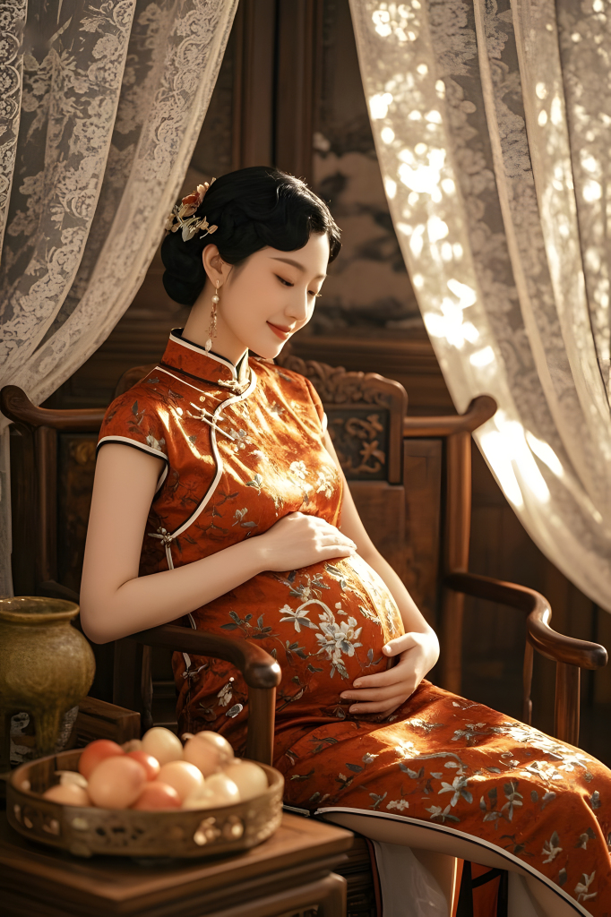 温馨旗袍孕妇照人像摄影图
