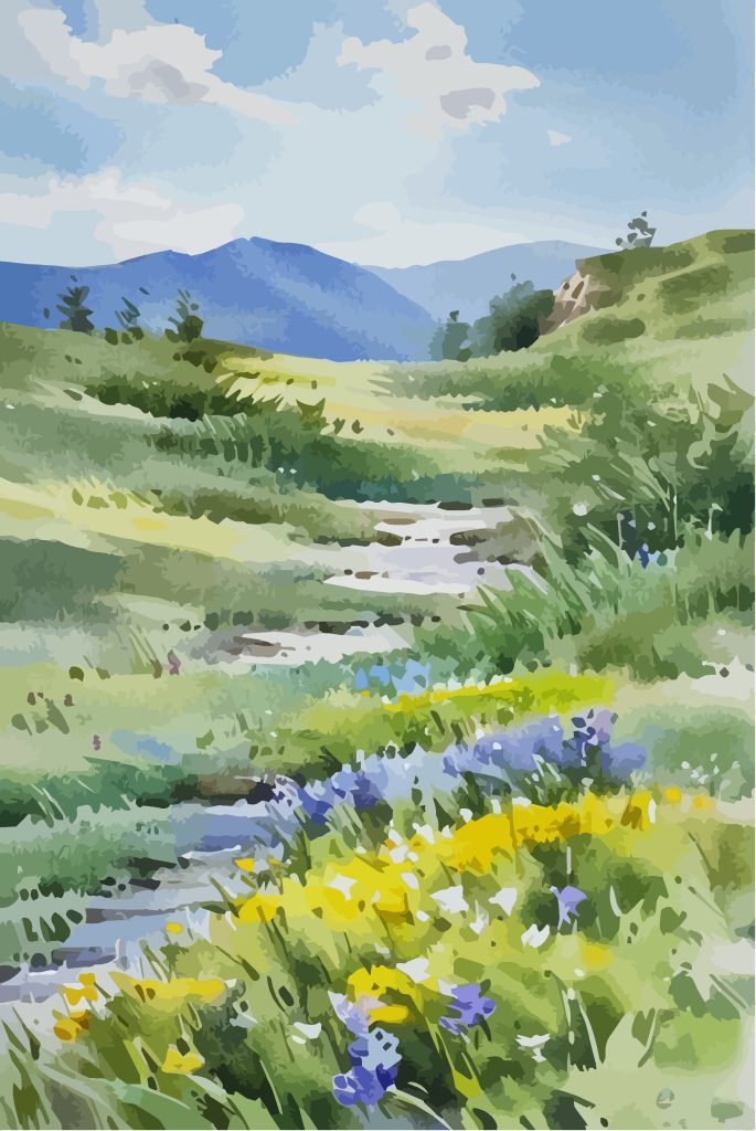 清新水彩山坡风景插画