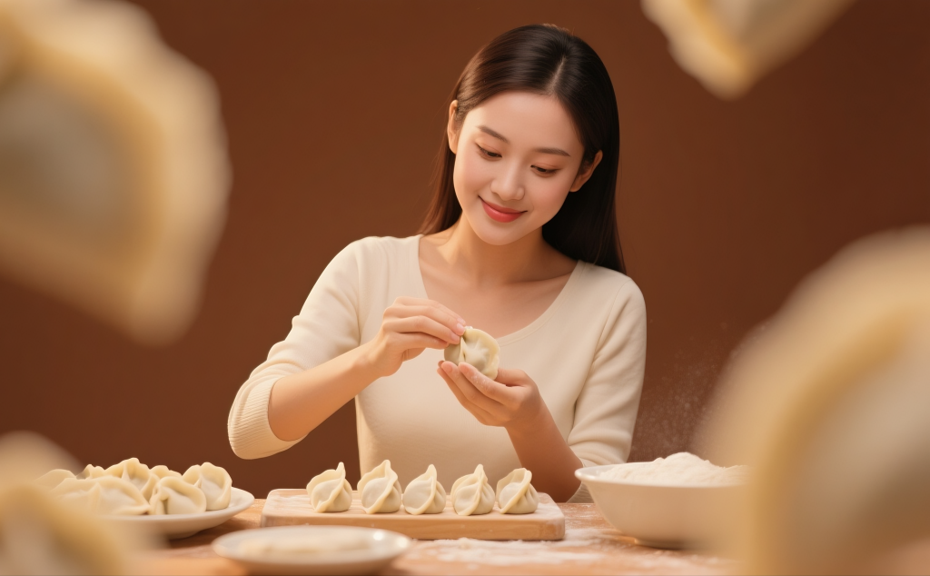 正在包饺子的女子摄影图片
