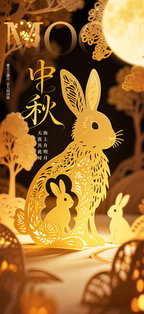 中秋节兔子剪纸剪影节日活动海报