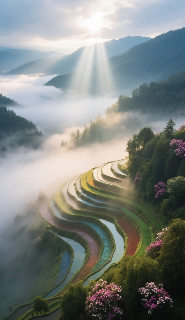 早晨梯田风景摄影图