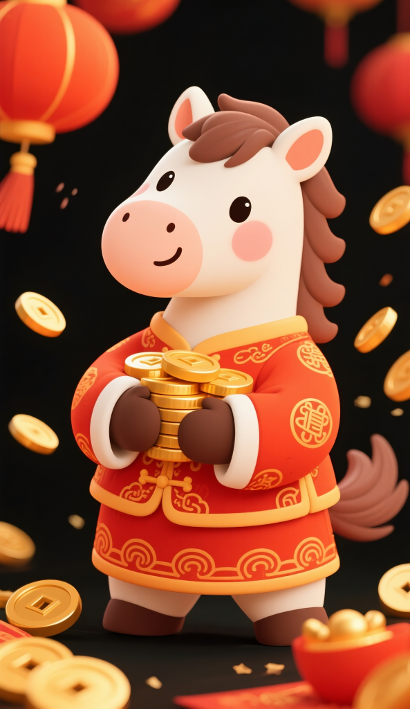 小马抱着一堆金币马年卡通插画
