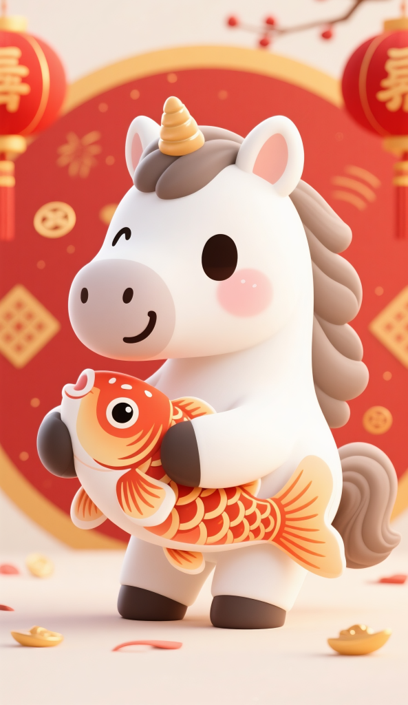 抱着锦鲤的卡通马年新年插画设计