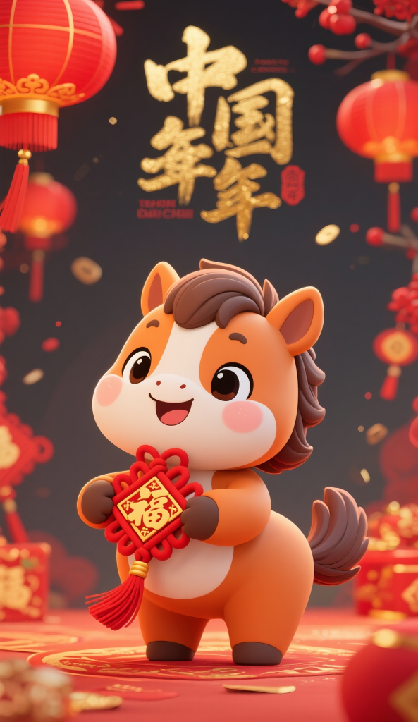 手拿中国结卡通马年新年插画