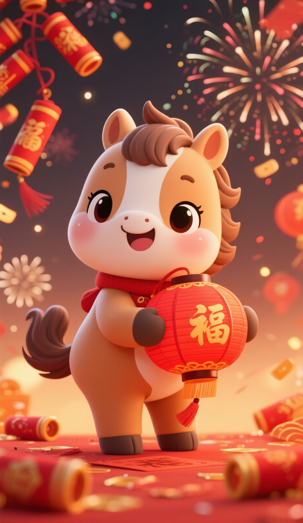 手拿灯笼马年卡通新年插画设计