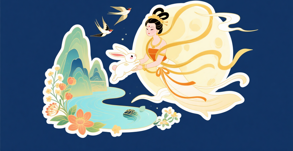 中秋节嫦娥奔月插画贴纸