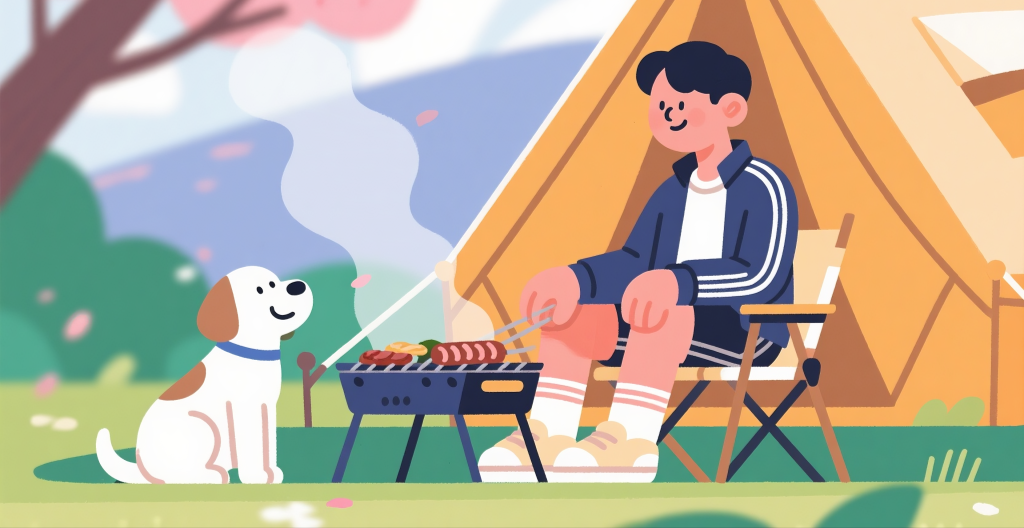 带宠物露营烧烤插画