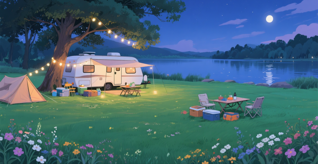 湖边房车露营插画