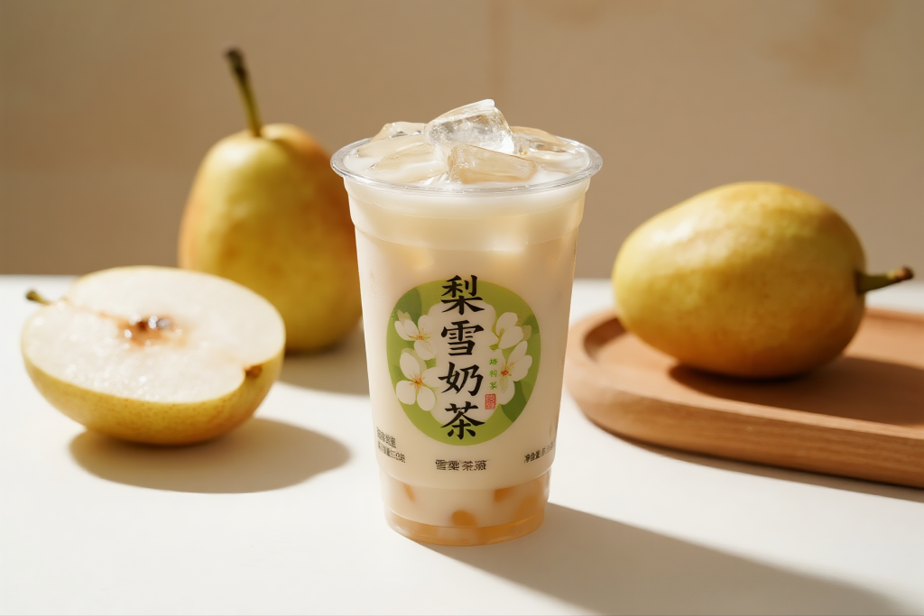 新鲜雪梨茶饮摄影图