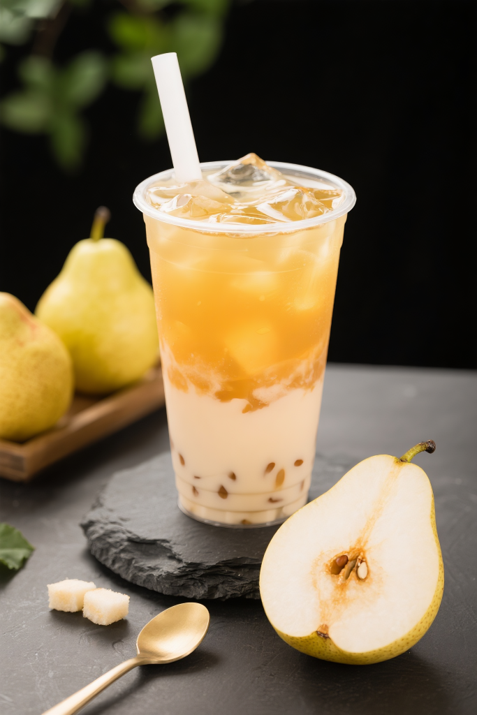 新鲜雪梨茶饮摄影图