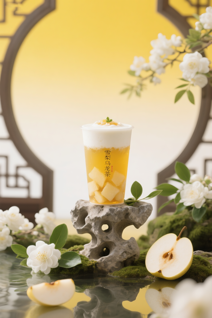 新鲜雪梨茶饮摄影图