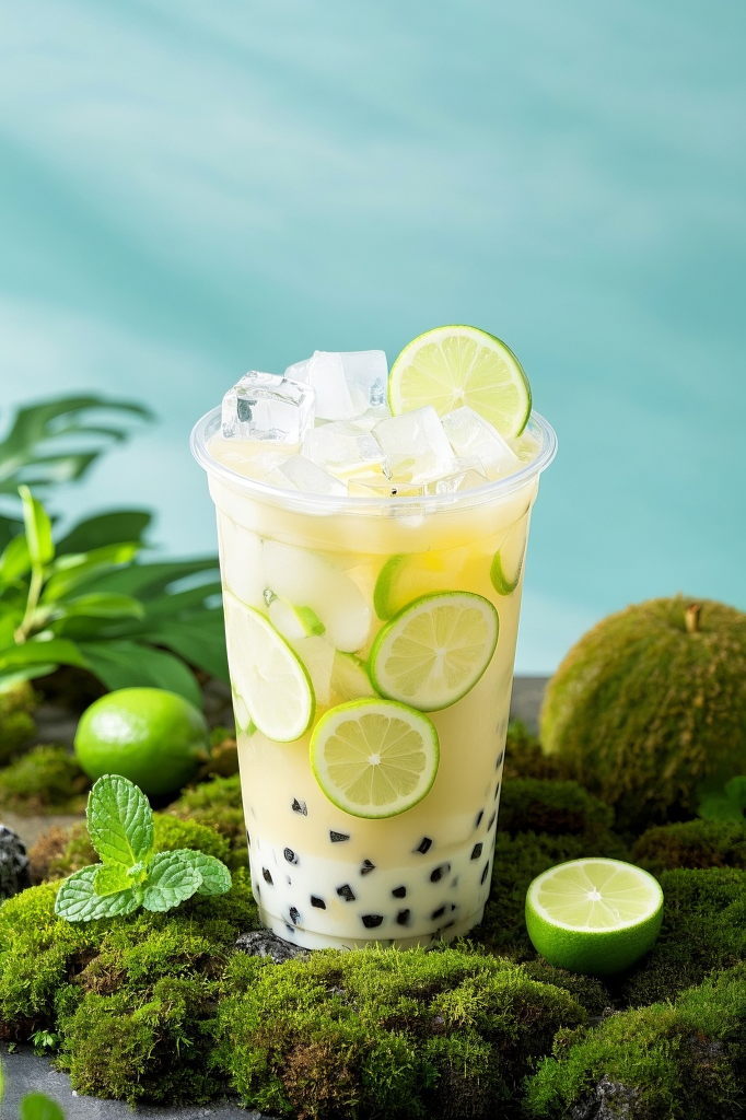 新鲜雪梨茶饮摄影图