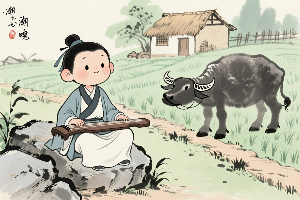 对牛弹琴成语绘本插图