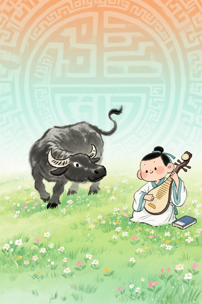 对牛弹琴成语绘本插图