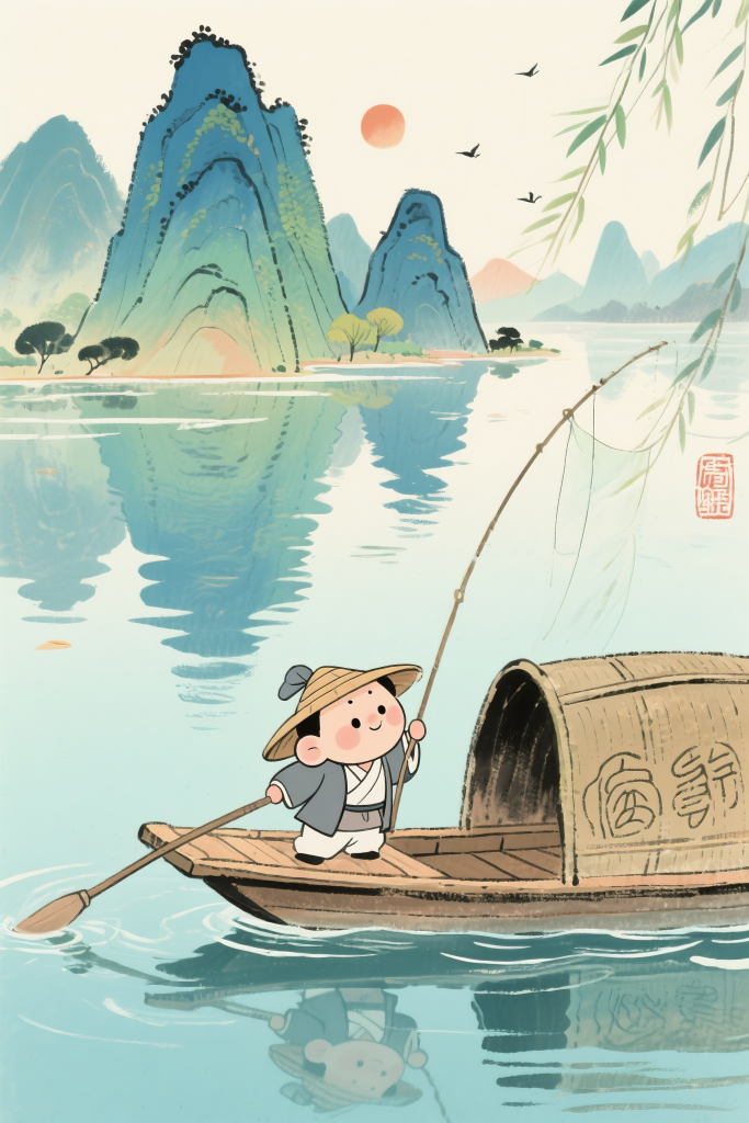 刻舟求剑成语手绘插画