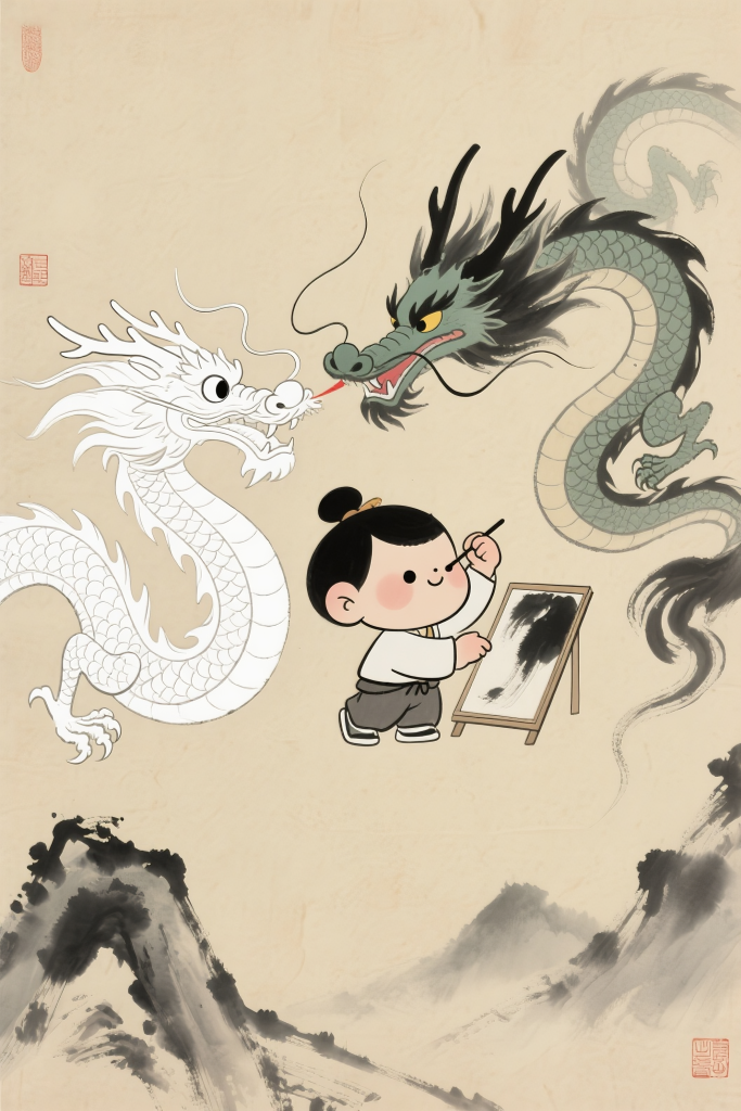 画龙点睛成语童趣插画