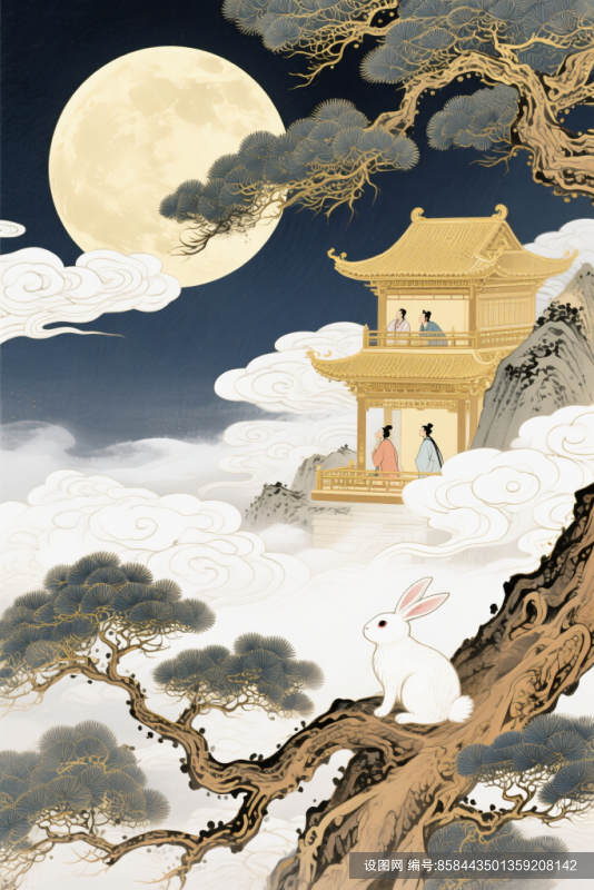 中秋新中式背景插画png下载_编号858443501359208142-设图网