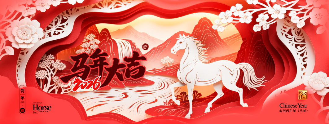 马年喜庆骏马剪纸风格新年2026海报