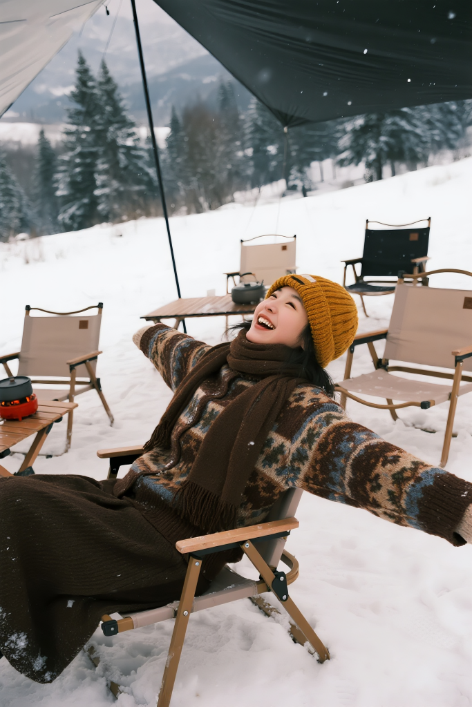 冬天雪地露营摄影图