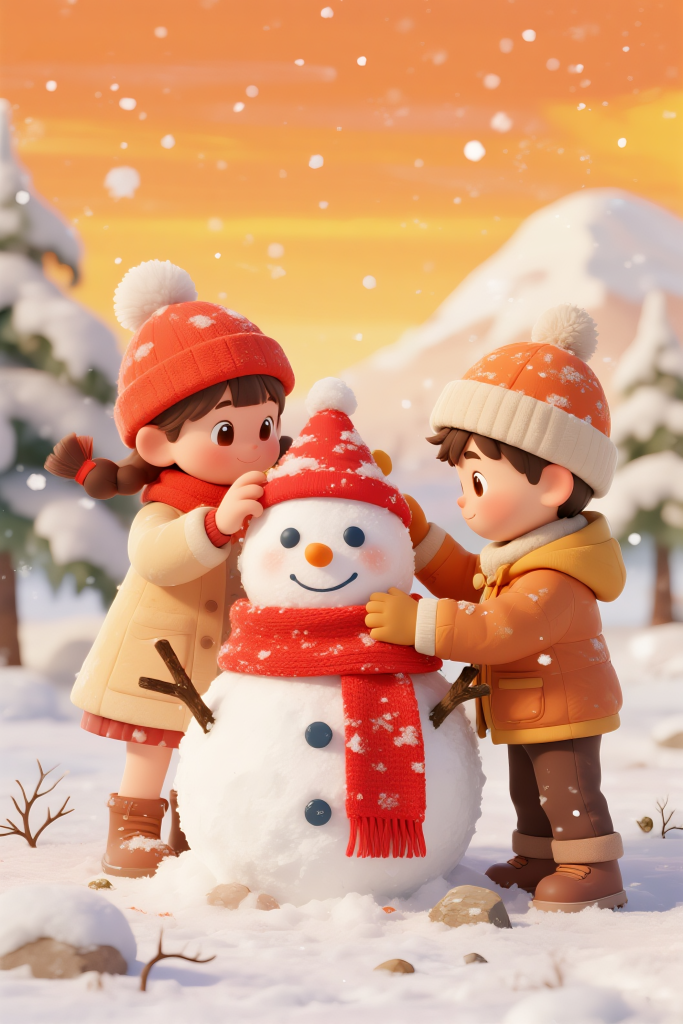 冬季冬至玩雪堆雪人卡通人物形象