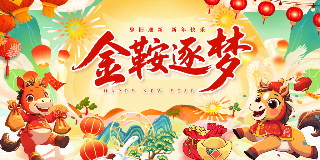 中国风国潮马年2026年新年展板