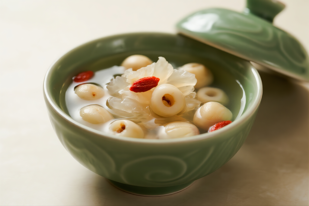 银耳莲子羹制作摄影图