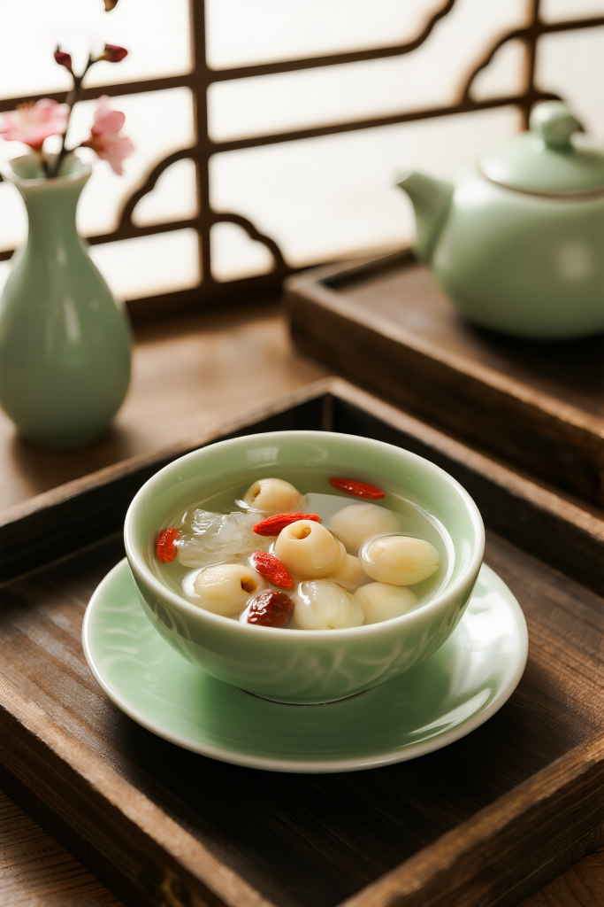 银耳莲子羹制作摄影图