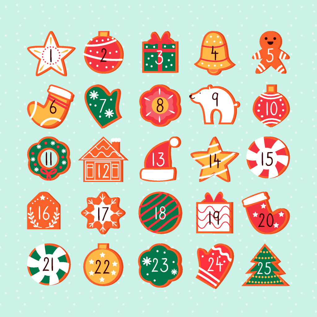 手绘卡通可爱水彩圣诞节12月日历矢量插画