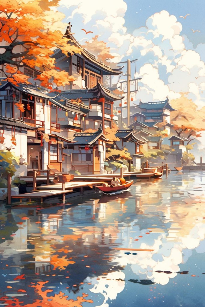 国风手绘水乡风景古典建筑