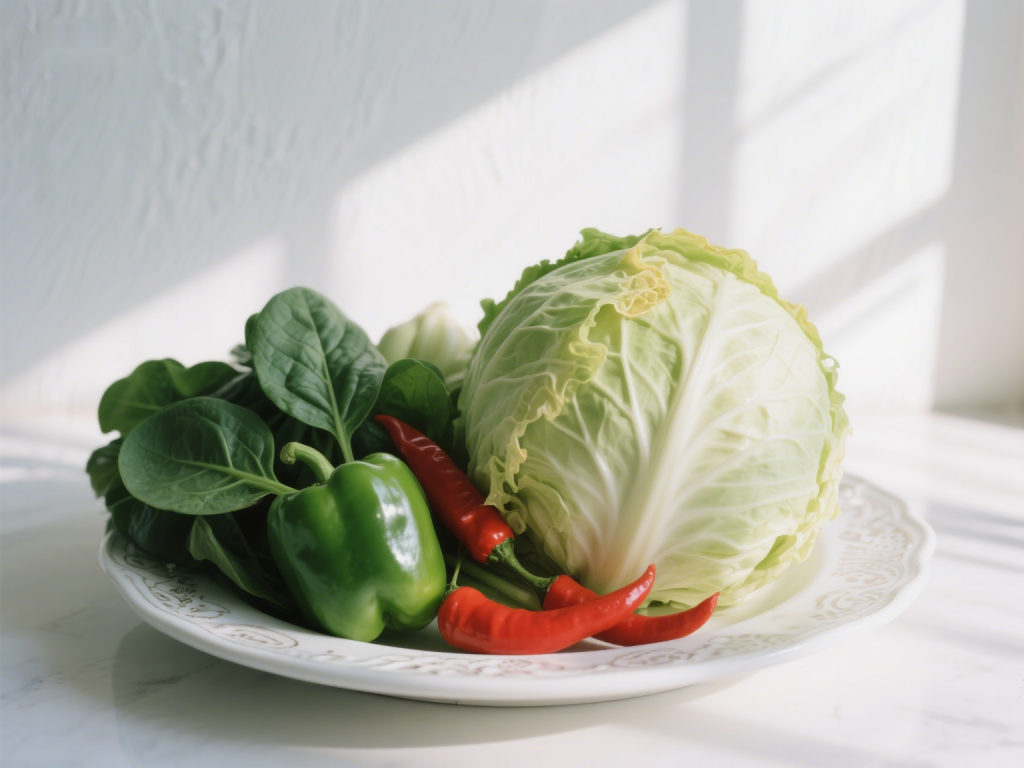 白盘里新鲜翠绿的蔬菜生菜青椒红椒