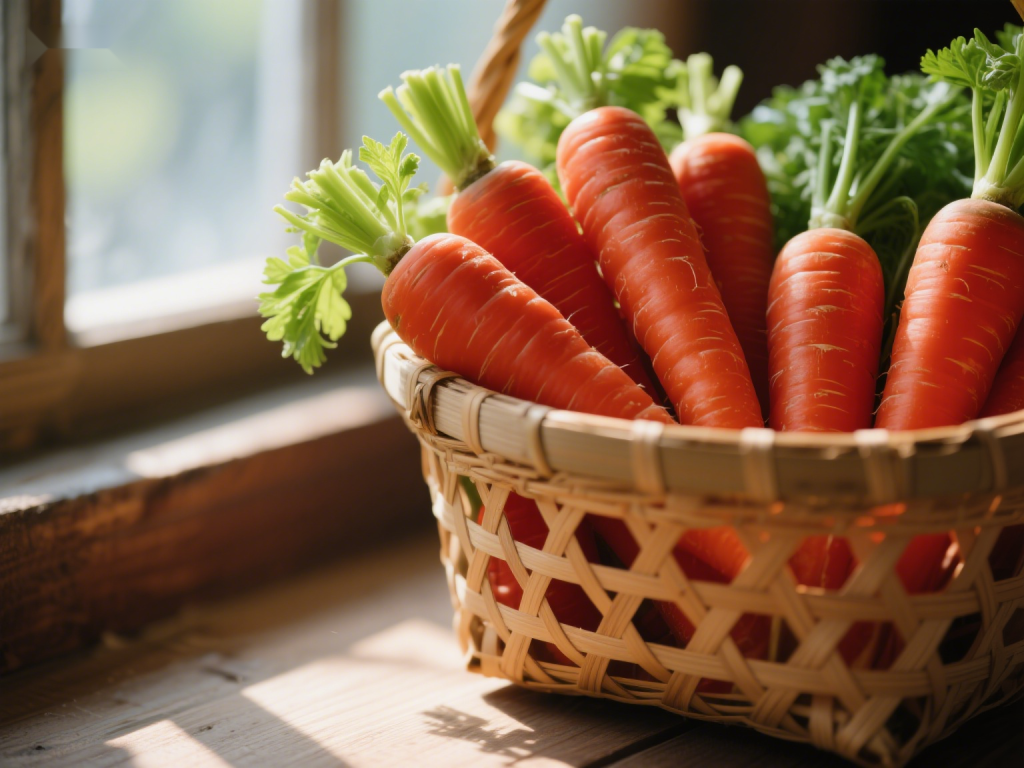 窗边竹篮里新鲜翠绿带叶的胡萝卜