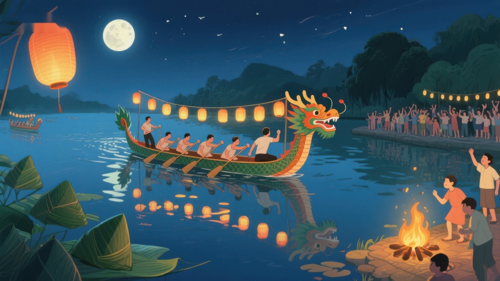 龙舟夜赛月下欢庆