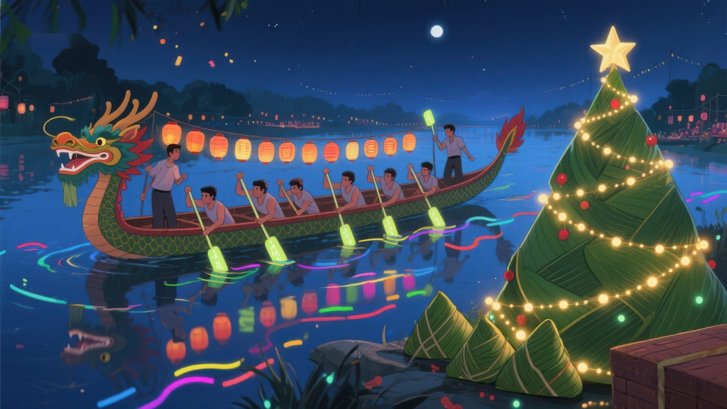 龙舟夜游与粽子树的奇幻场景