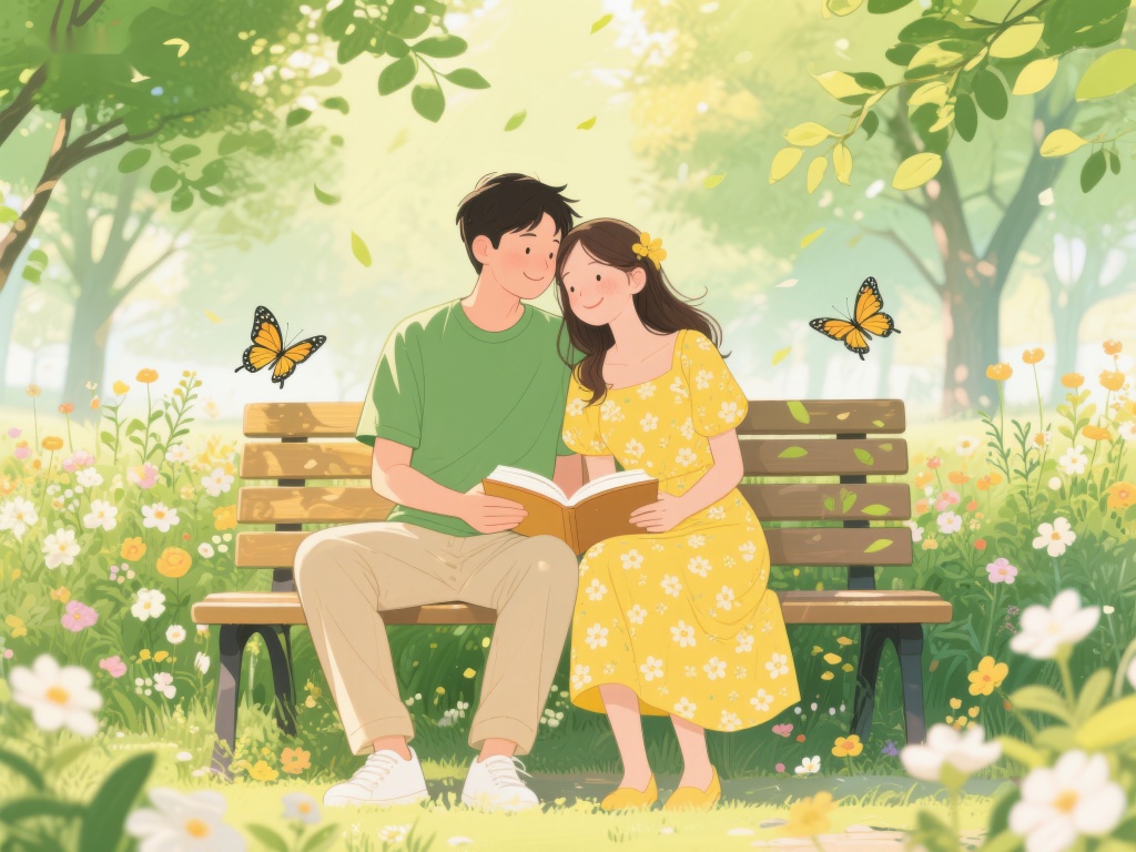 公园长椅上的情侣阅读时光