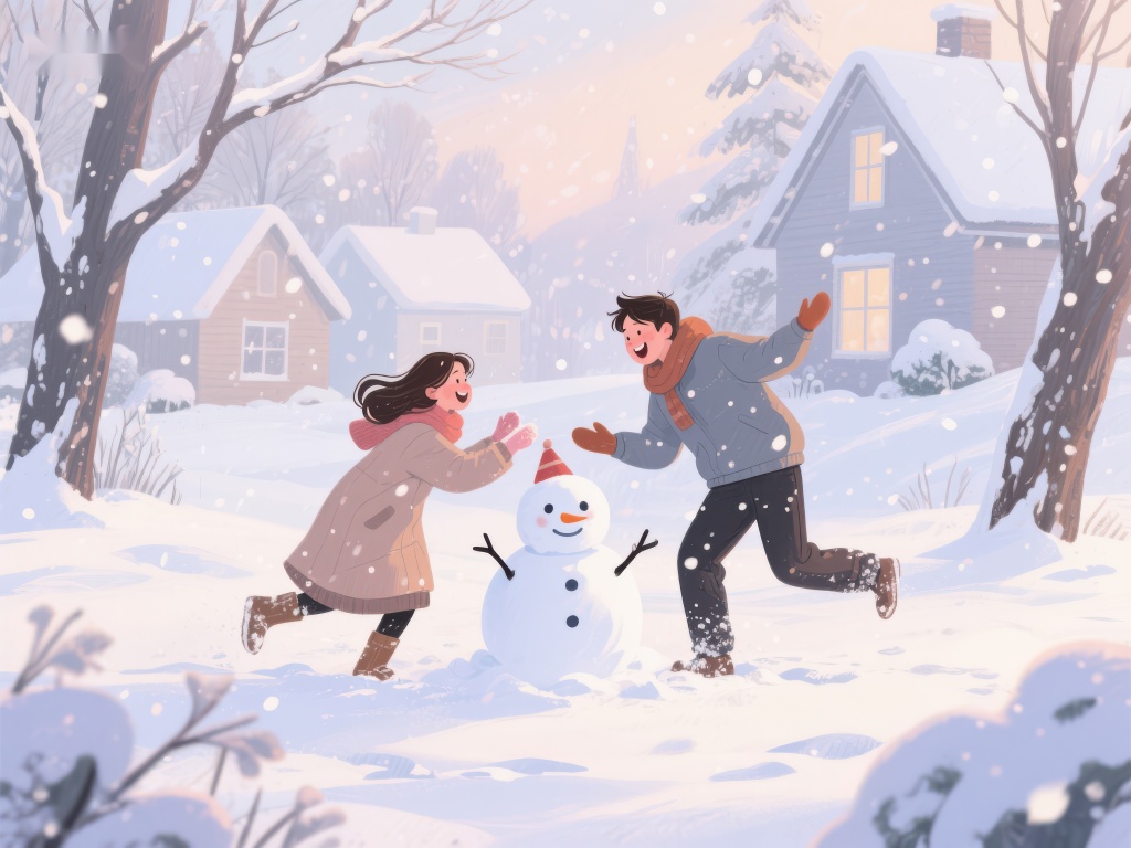 冬日雪地情侣共筑雪人