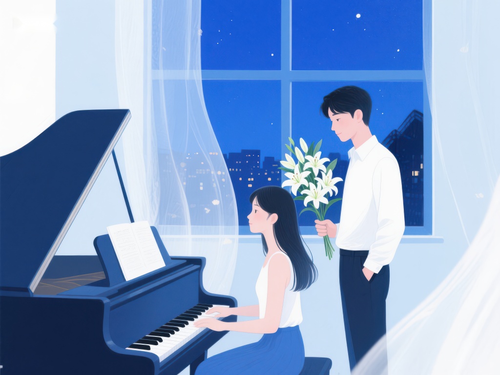 夜景窗前钢琴与花的浪漫时刻