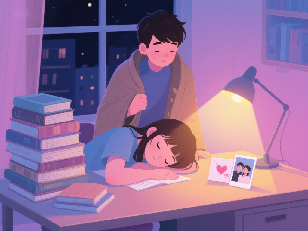 夜深学习疲惫温馨守护时刻