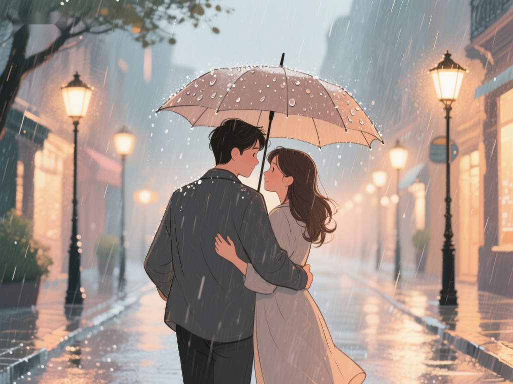 雨中情侣伞下相拥