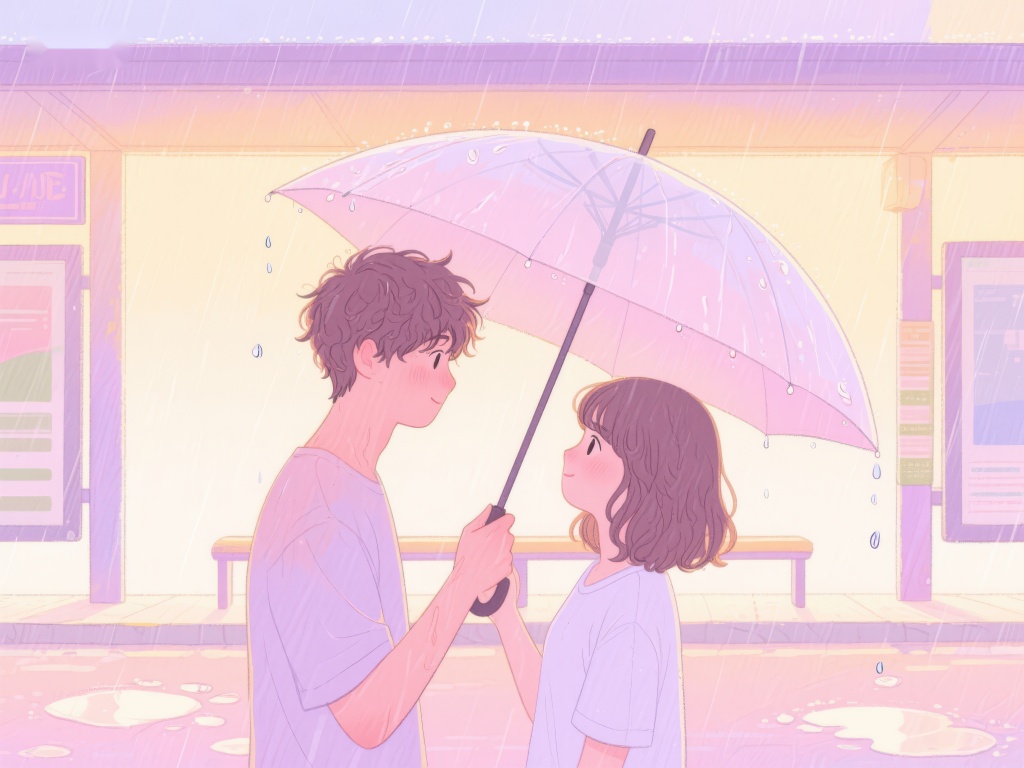 雨中伞下温馨对视