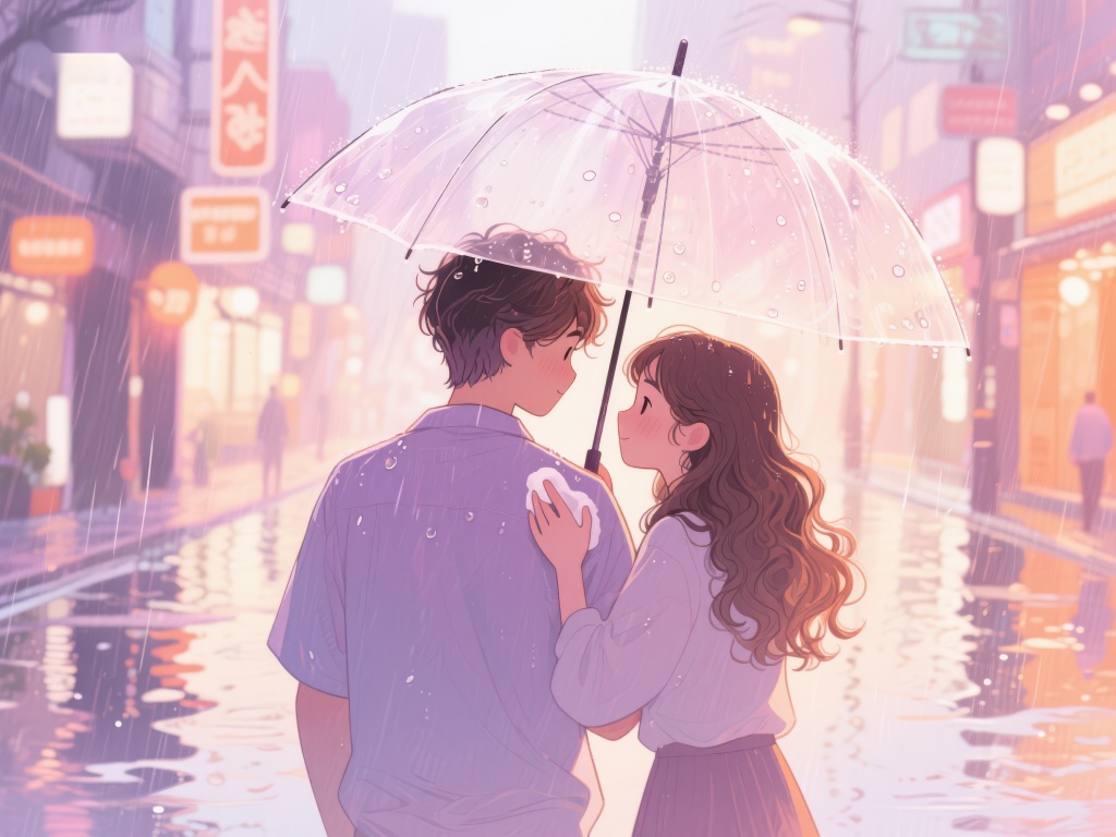 雨中情侣共享透明伞温馨时刻