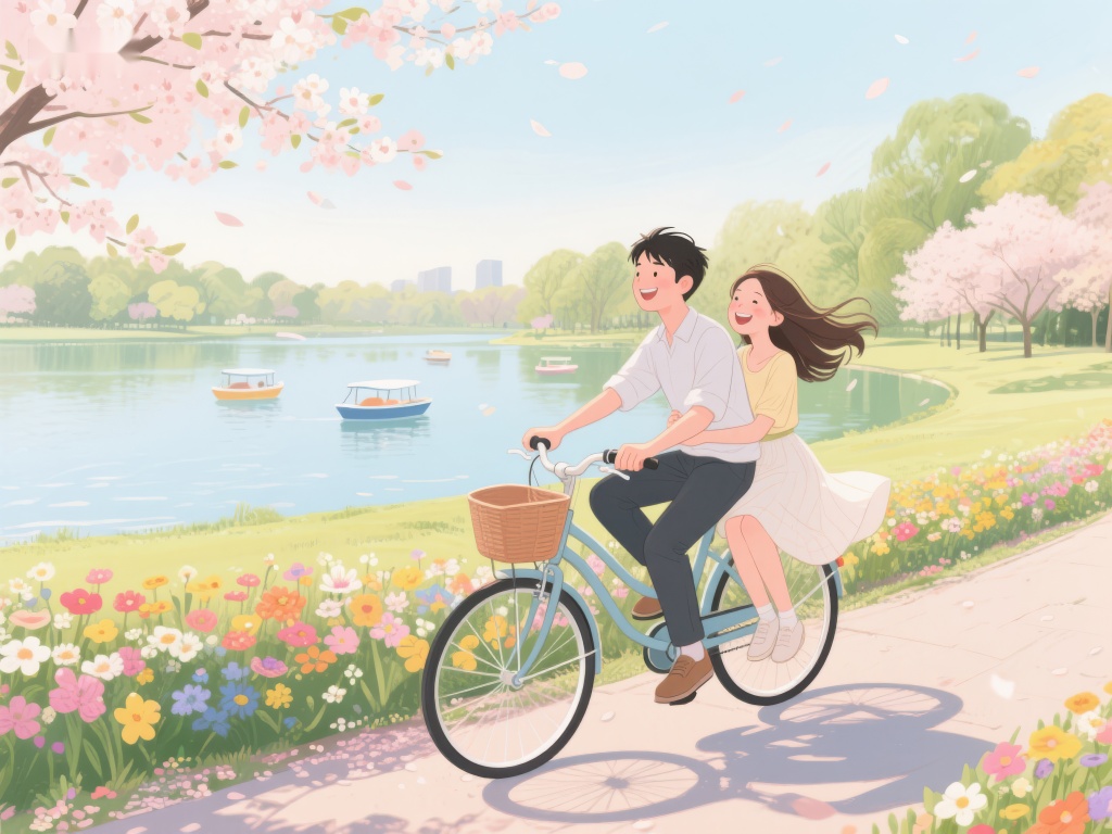 春日湖畔骑车情侣