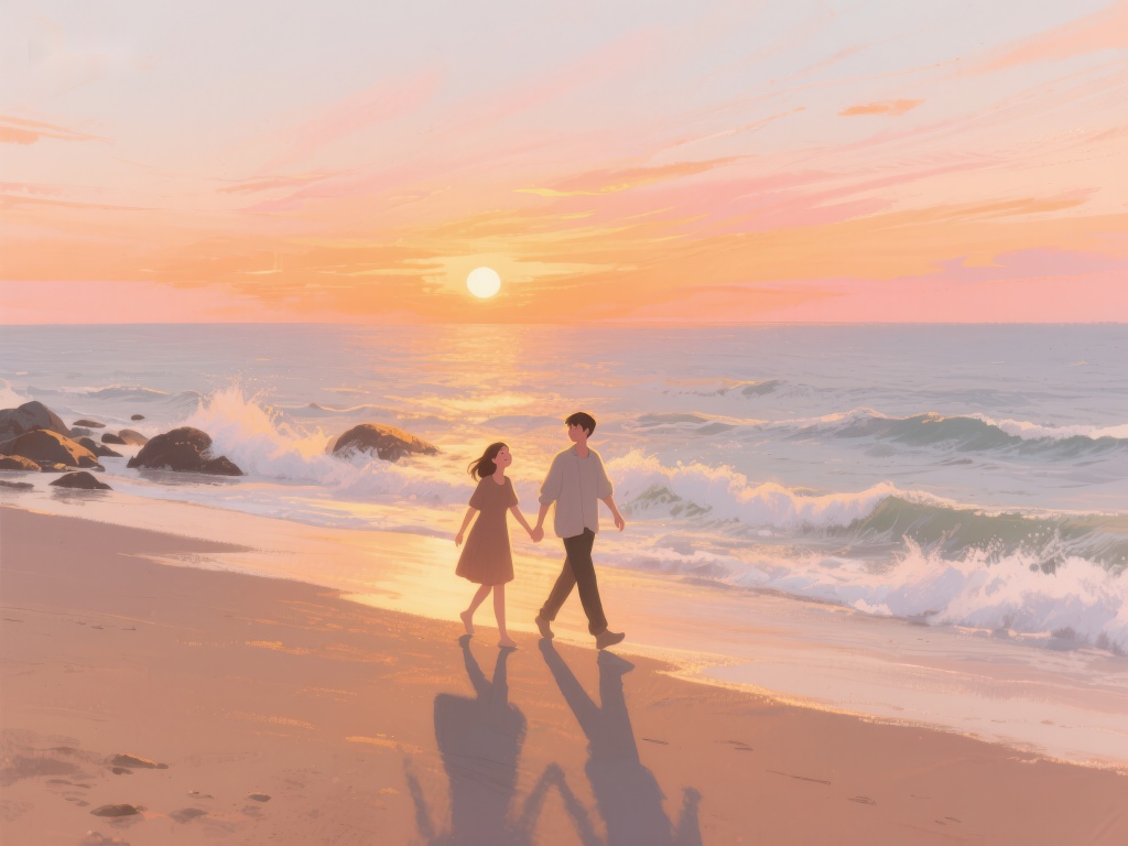 情侣海滩夕阳漫步