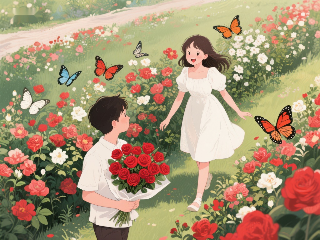 花海中情侣相视微笑