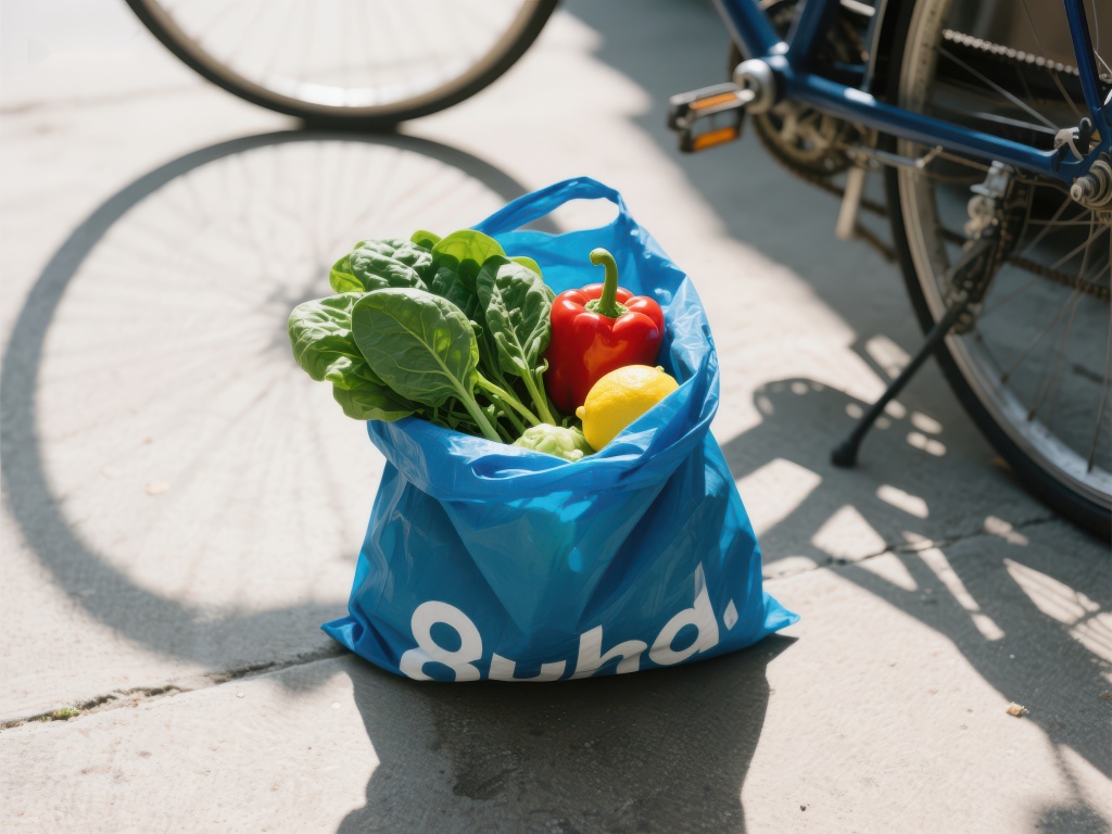 蓝色购物袋装满新鲜蔬菜