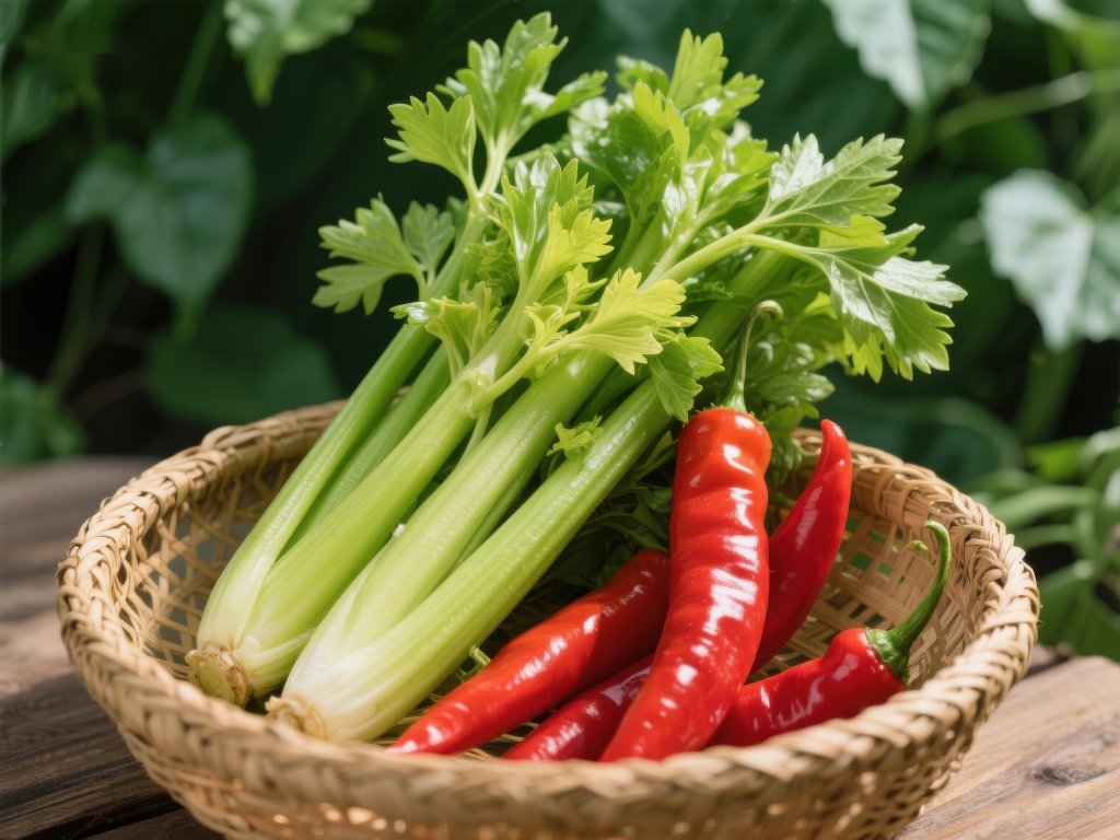 新鲜芹菜与红辣椒置于竹篮中
