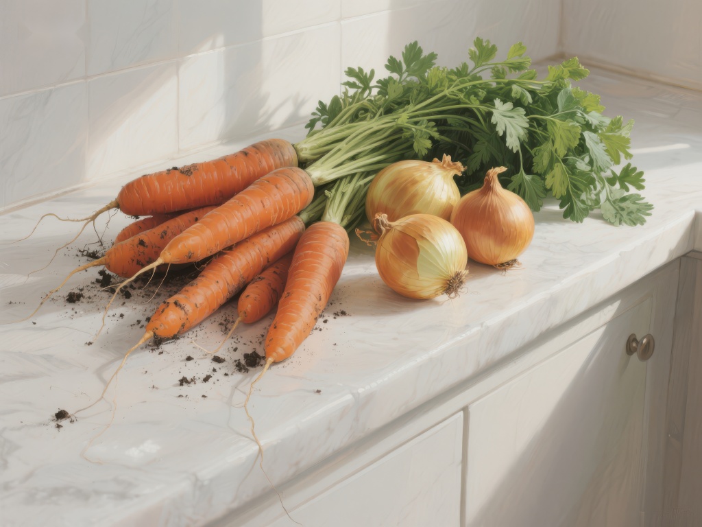 新鲜胡萝卜与洋葱置于厨房台面