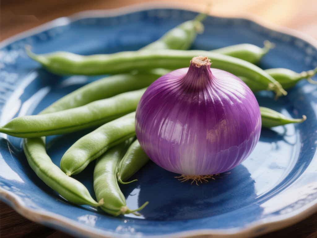 紫色洋葱与绿色豆荚的静物组合