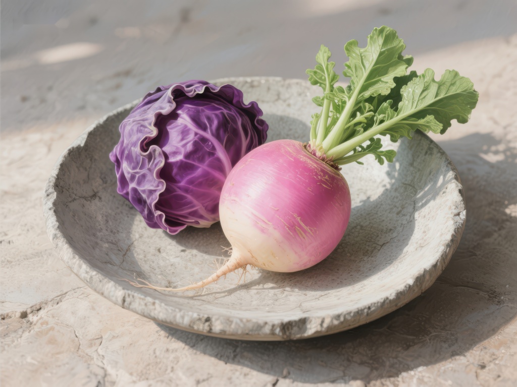 紫甘蓝与萝卜置于石盘
