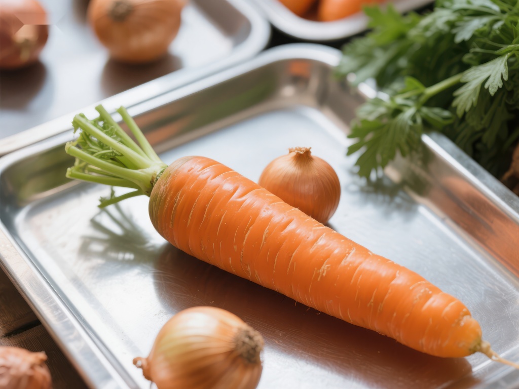 新鲜胡萝卜与洋葱置于金属托盘